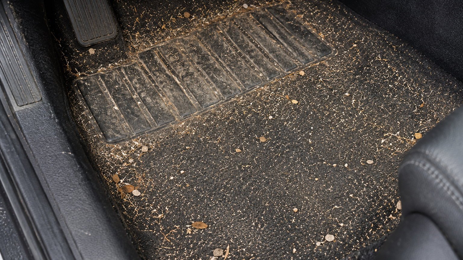 Moquette de plancher conducteur couverte de gravier, de terre et de débris végétaux, avant nettoyage